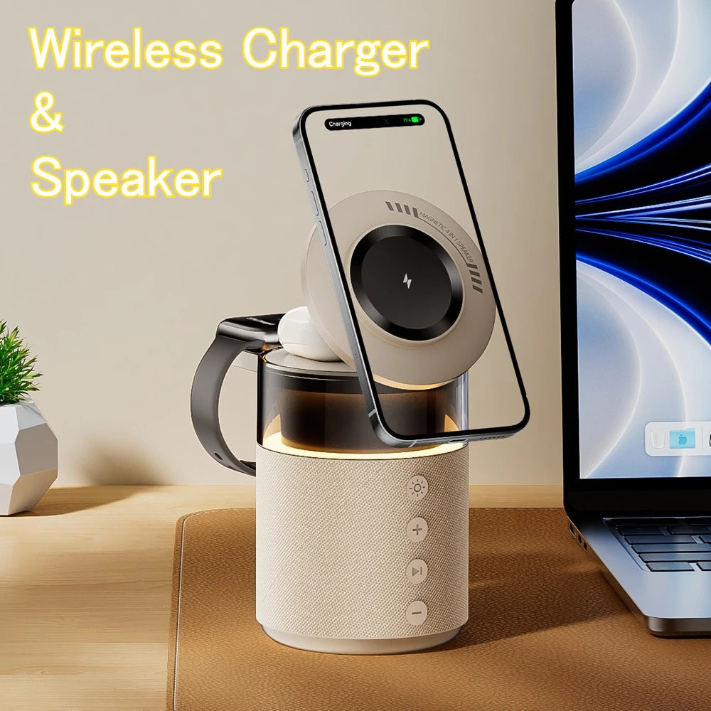 3 in 1 Magnetic Wireless Charger Night Light Speaker For iPhone 17~12 Pro Max Apple Watch 10 9 8 7 AirPods 4/3 Pro Fast Charging