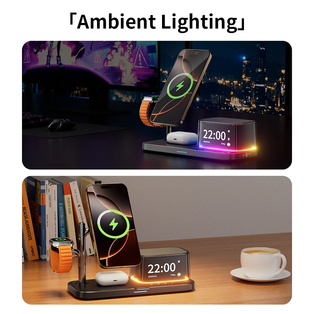 25W QI2 Wireless Charger with Wireless Speaker Digital Clock 3 in 1 Wireless Magnetic Charger for Iphone17 Charger Fast Charging