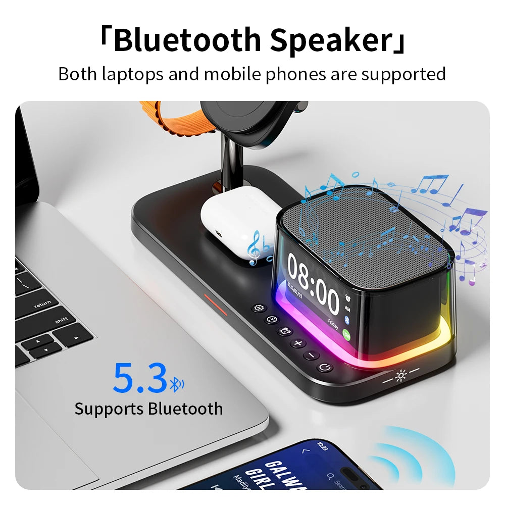 25W QI2 Wireless Charger with Wireless Speaker Digital Clock 3 in 1 Wireless Magnetic Charger for Iphone17 Charger Fast Charging