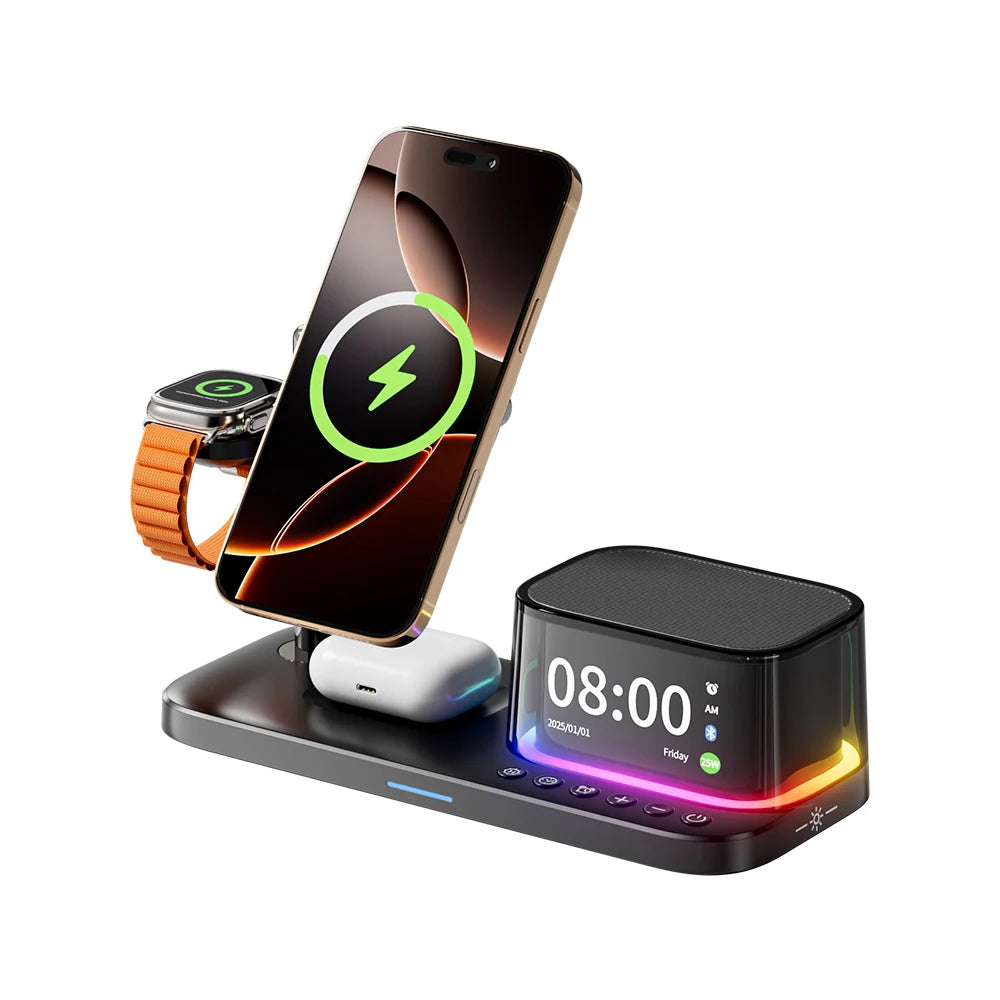 25W QI2 Wireless Charger with Wireless Speaker Digital Clock 3 in 1 Wireless Magnetic Charger for Iphone17 Charger Fast Charging